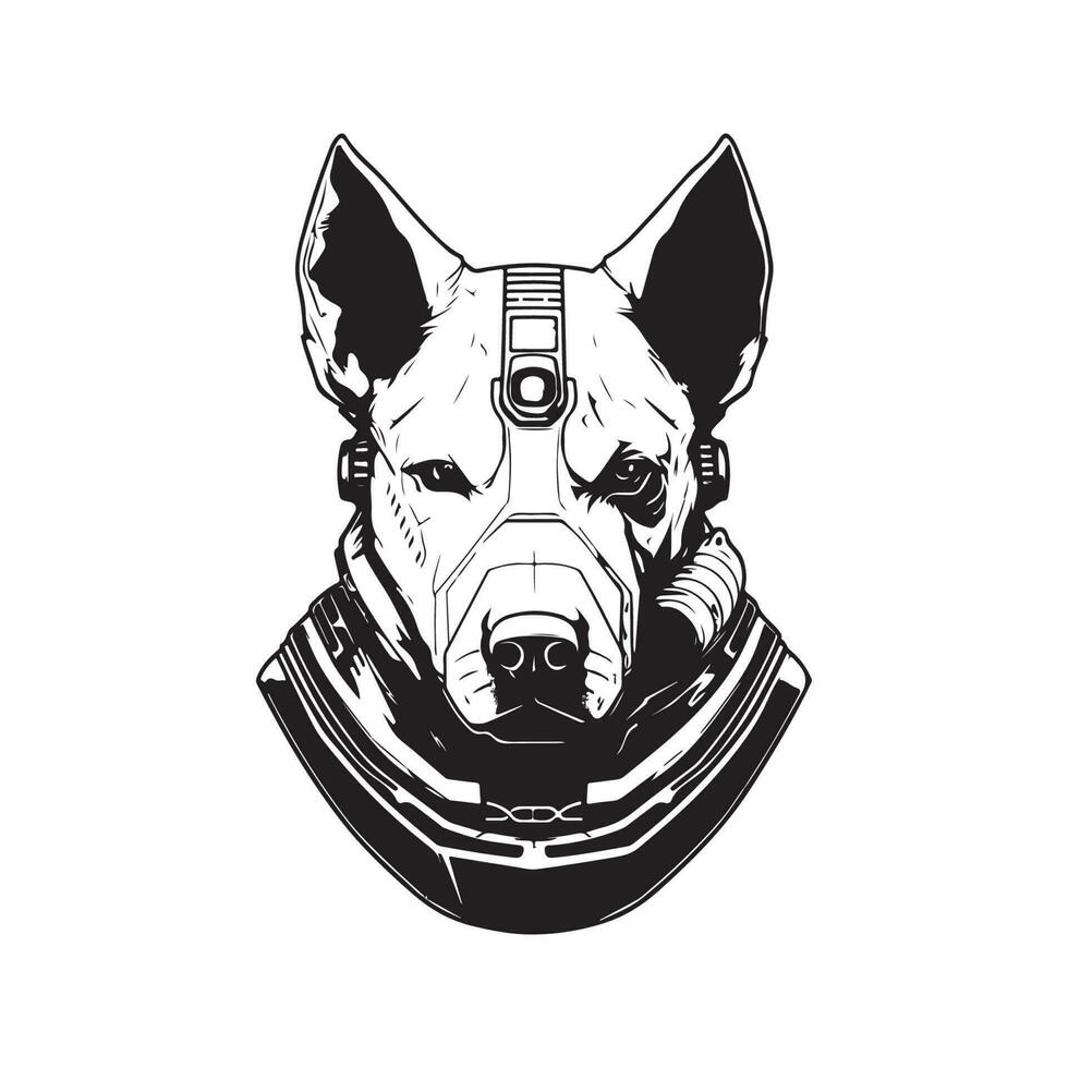 futurista perro soldado, Clásico logo línea Arte concepto negro y blanco color, mano dibujado ilustración vector