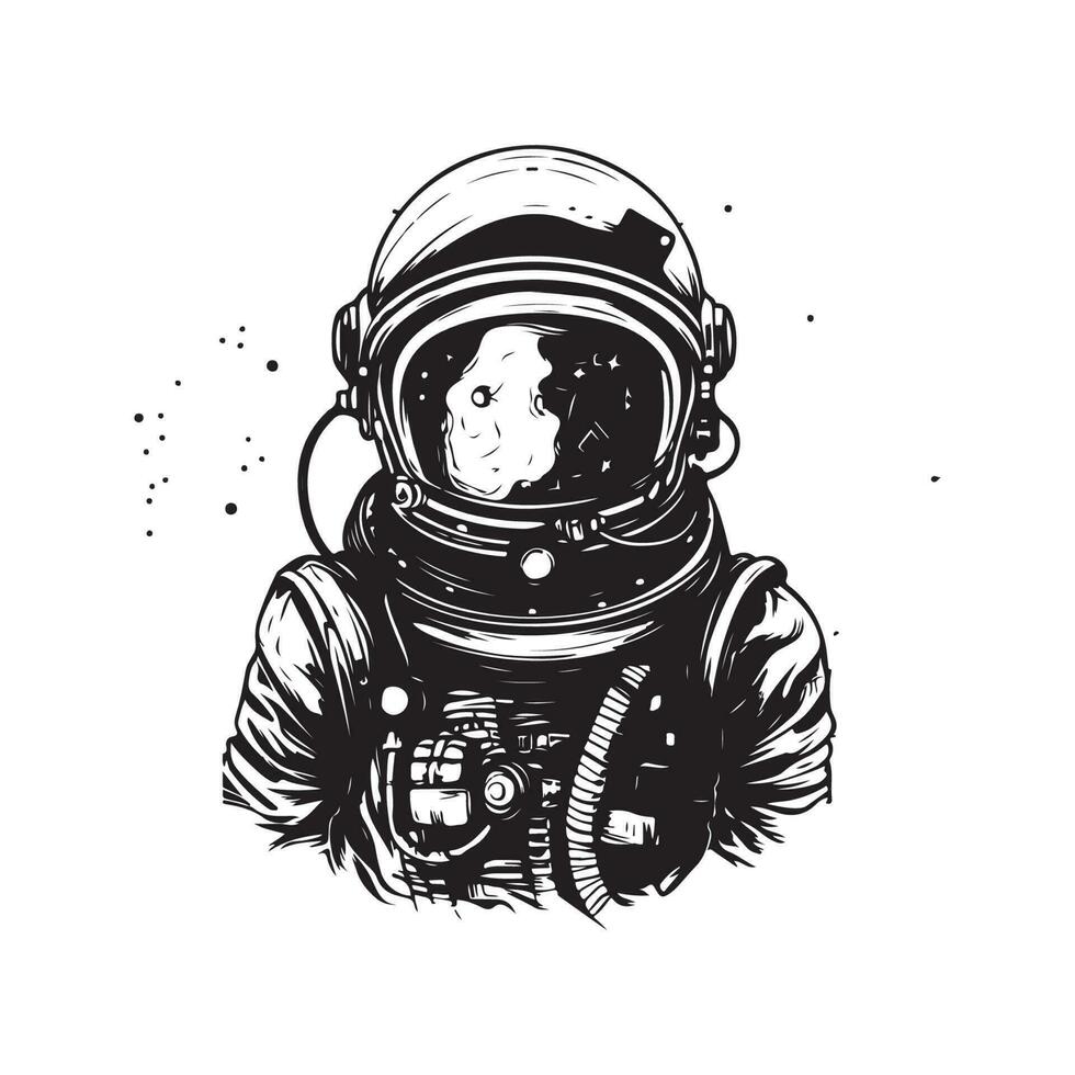 futuristic astronaut, vintage logo line art concept black and white color, hand drawn illustration vector