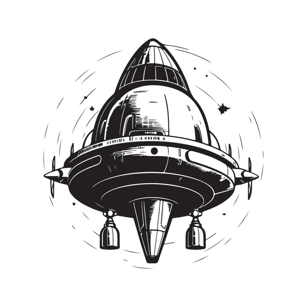 giant spaceship, vintage logo line art concept black and white color, hand drawn illustration vector