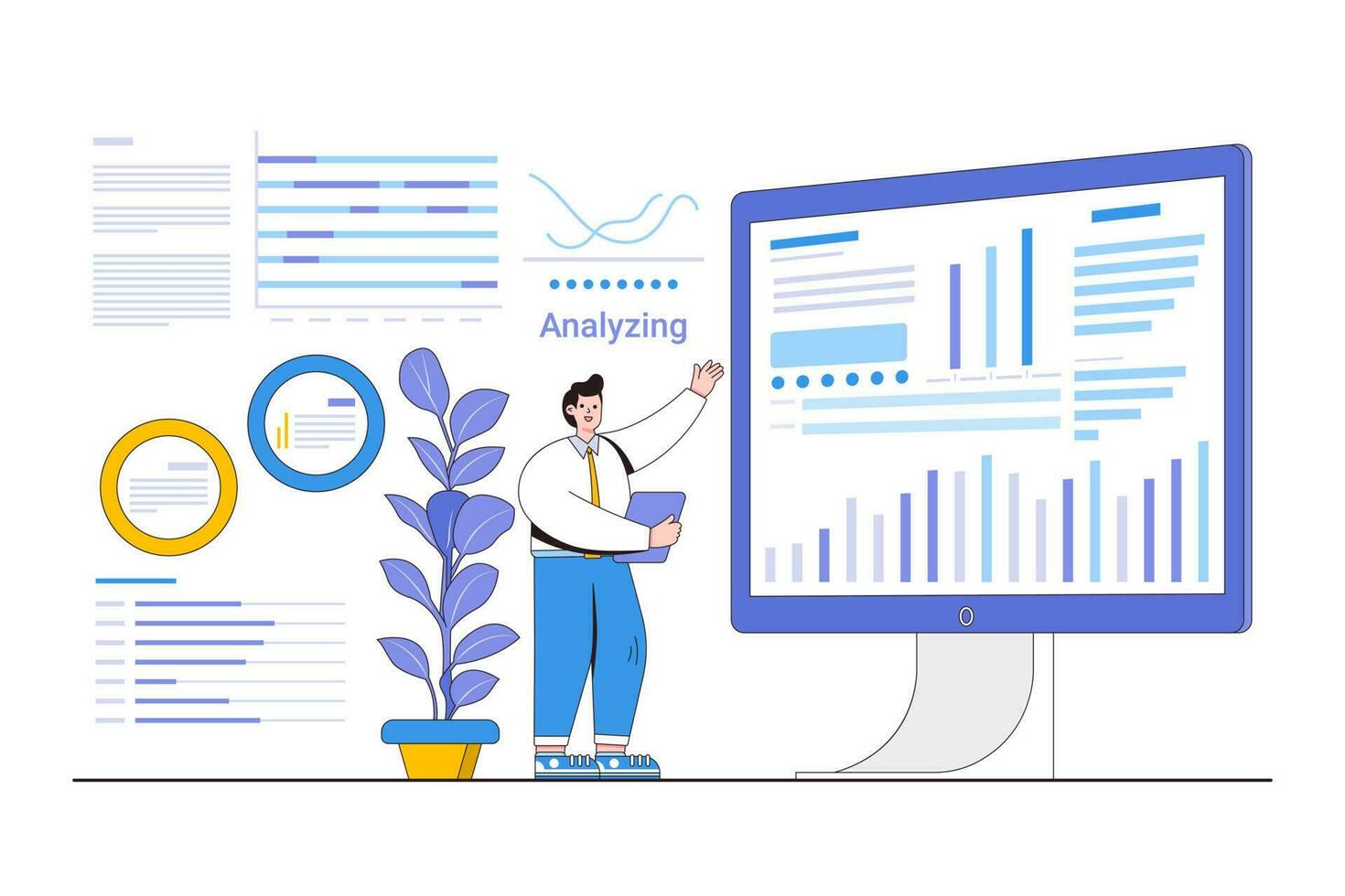 datos analítica y negocio inteligencia concepto con un persona analizando datos en un tablero vector