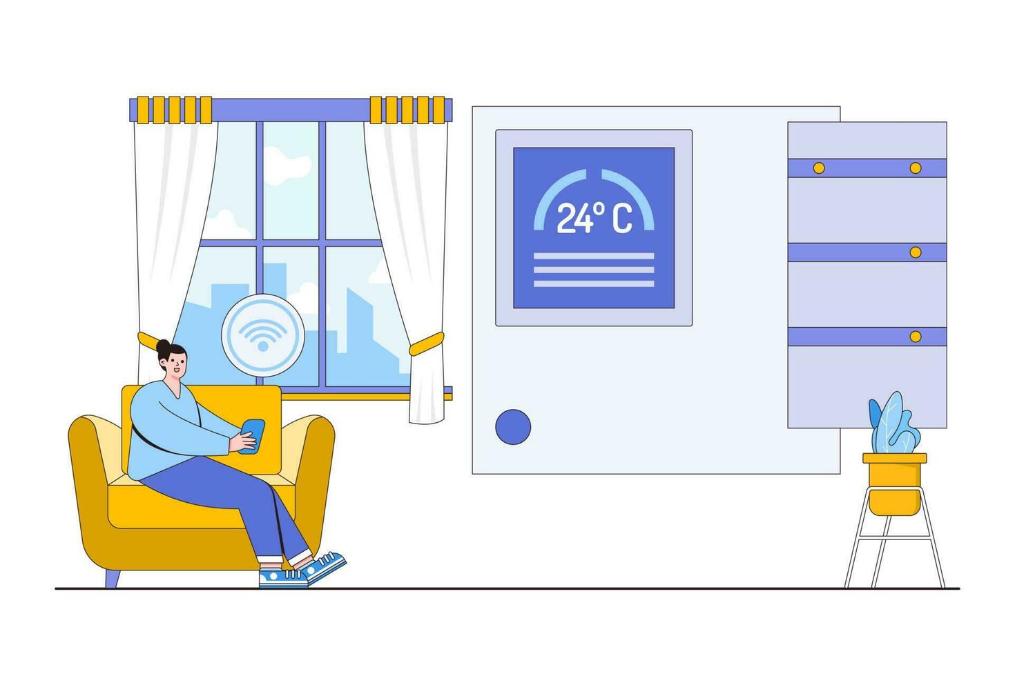 Smart Home Technology Concept with a Person Adjusting the Thermostat vector