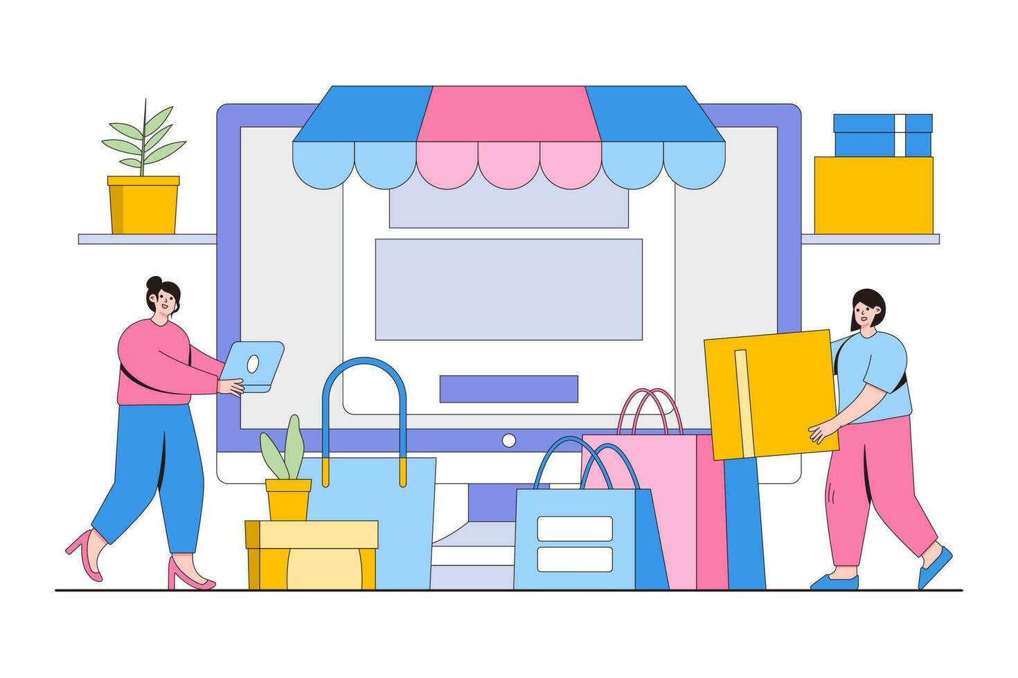 E-Commerce and Online Shopping Concept with Person Browsing Products and Holding a Package vector