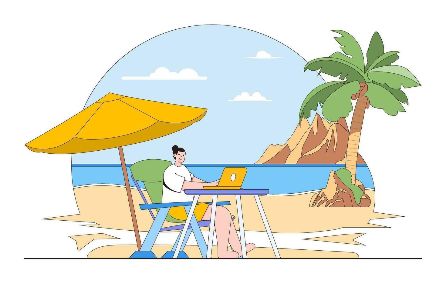 digital nómada estilo de vida concepto con persona trabajando desde un playa vector