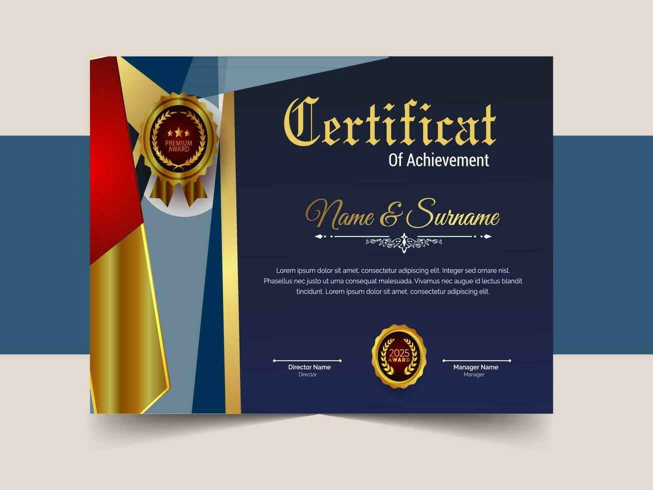 creativo certificado de logro modelo diseño. lujo elegante azul y oro diploma, corporativo formación certificado diseño vector