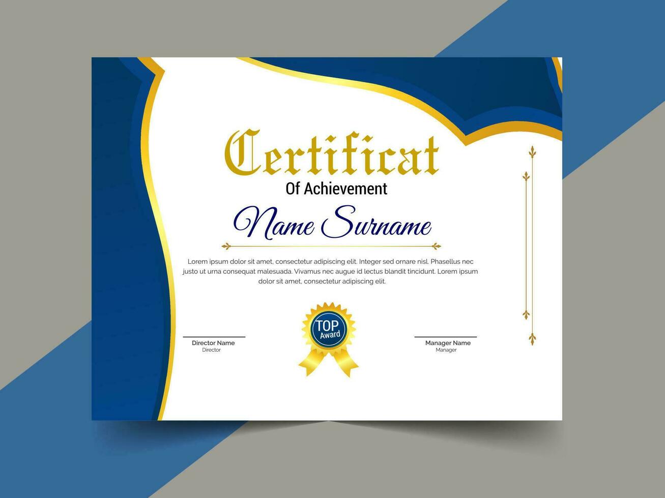 creativo certificado de logro modelo diseño. lujo elegante azul y oro diploma, corporativo formación certificado diseño vector