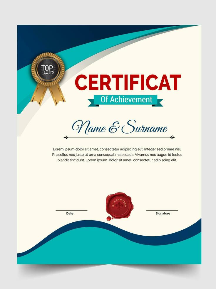 Creative certificate of achievement template design. luxury elegant blue and gold diploma, corporate training certificate design vector