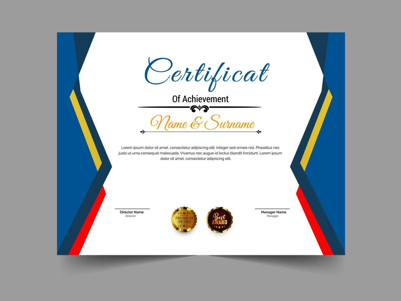 creativo certificado de logro modelo diseño. lujo elegante azul y oro diploma, corporativo formación certificado diseño vector