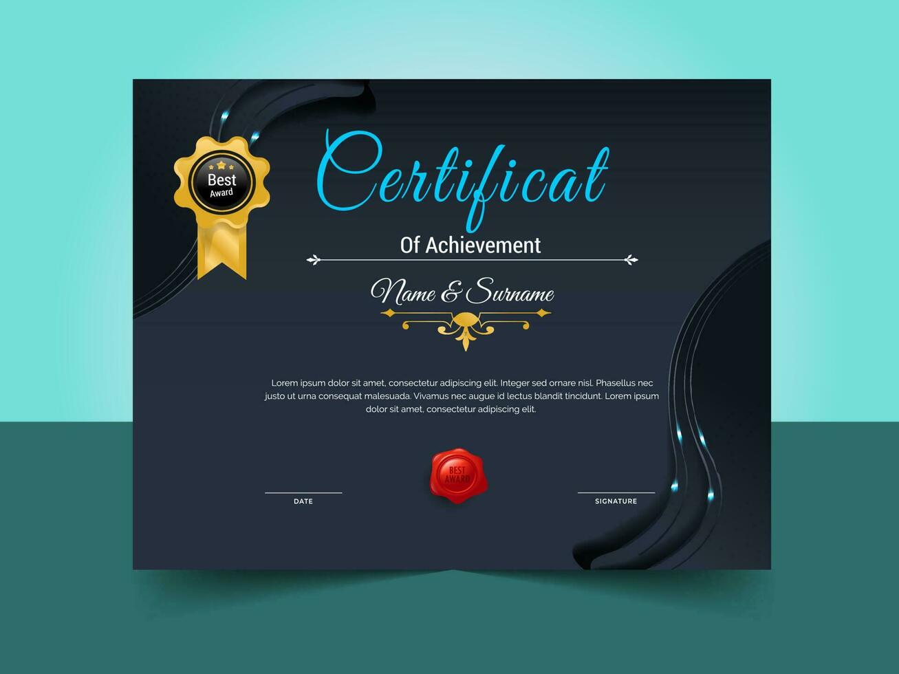 Creative certificate of achievement template design. luxury elegant blue and gold diploma, corporate training certificate design vector