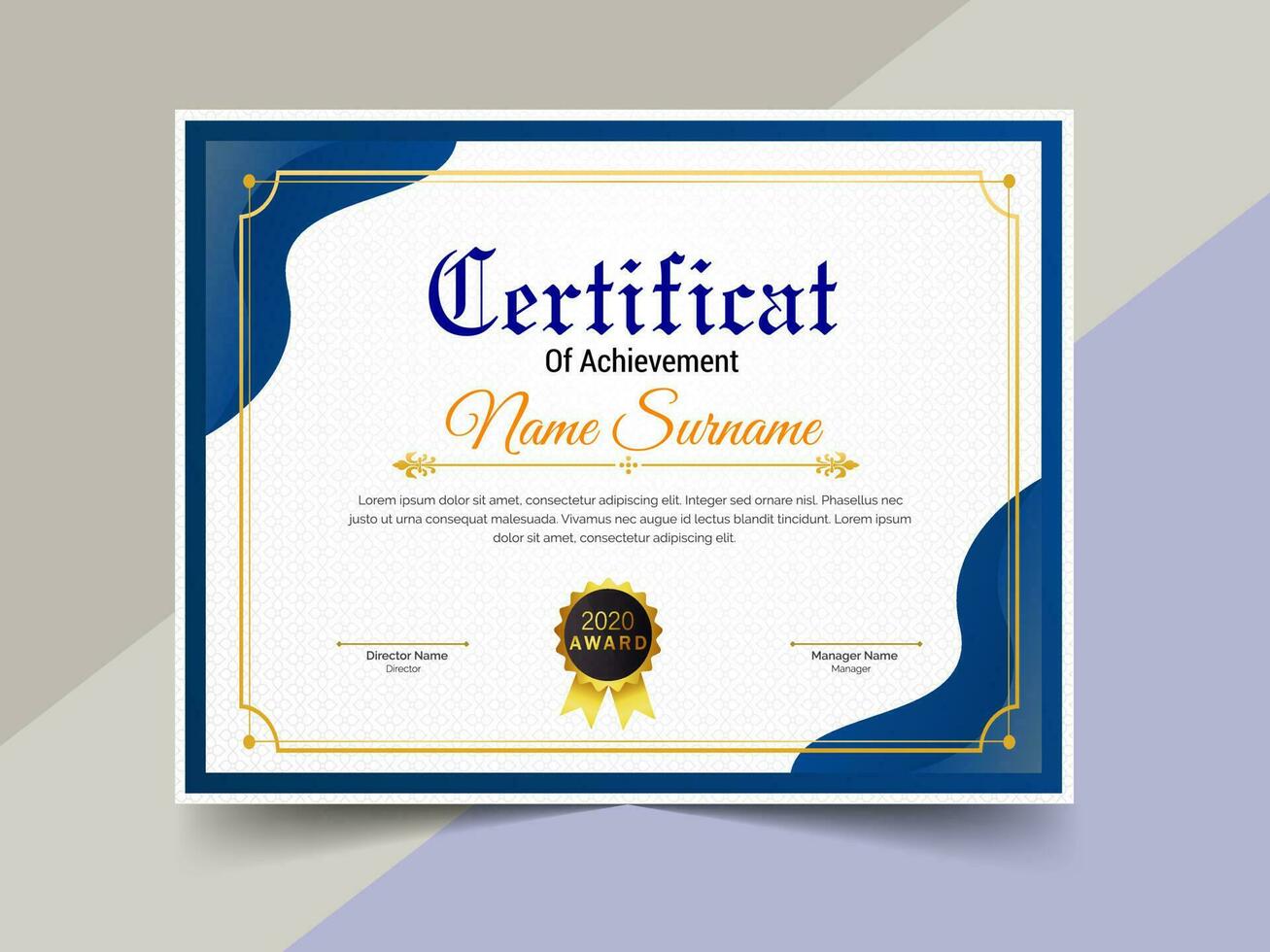 creativo certificado de logro modelo diseño. lujo elegante azul y oro diploma, corporativo formación certificado diseño vector