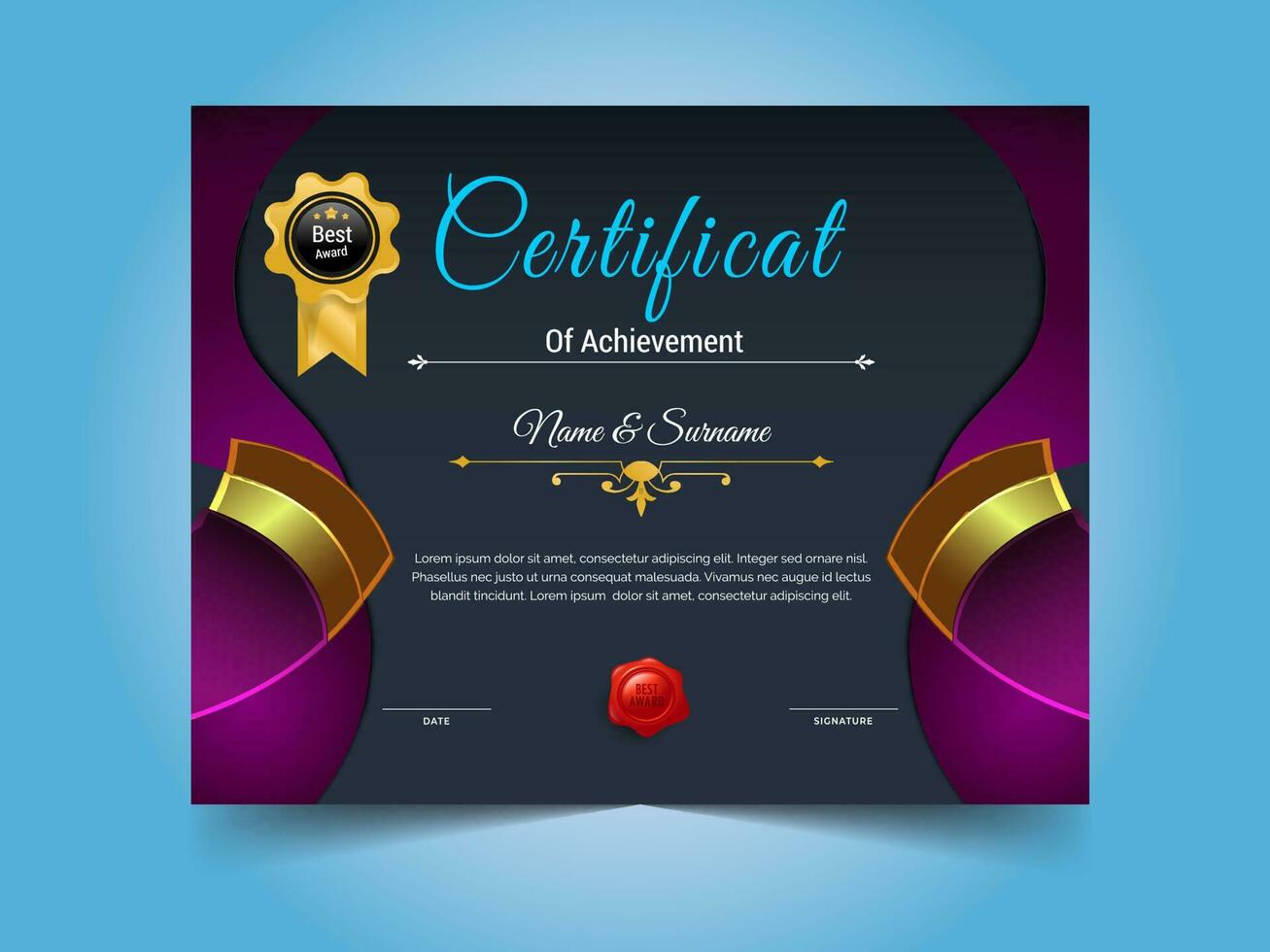 Creative certificate of achievement template design. luxury elegant blue and gold diploma, corporate training certificate design vector