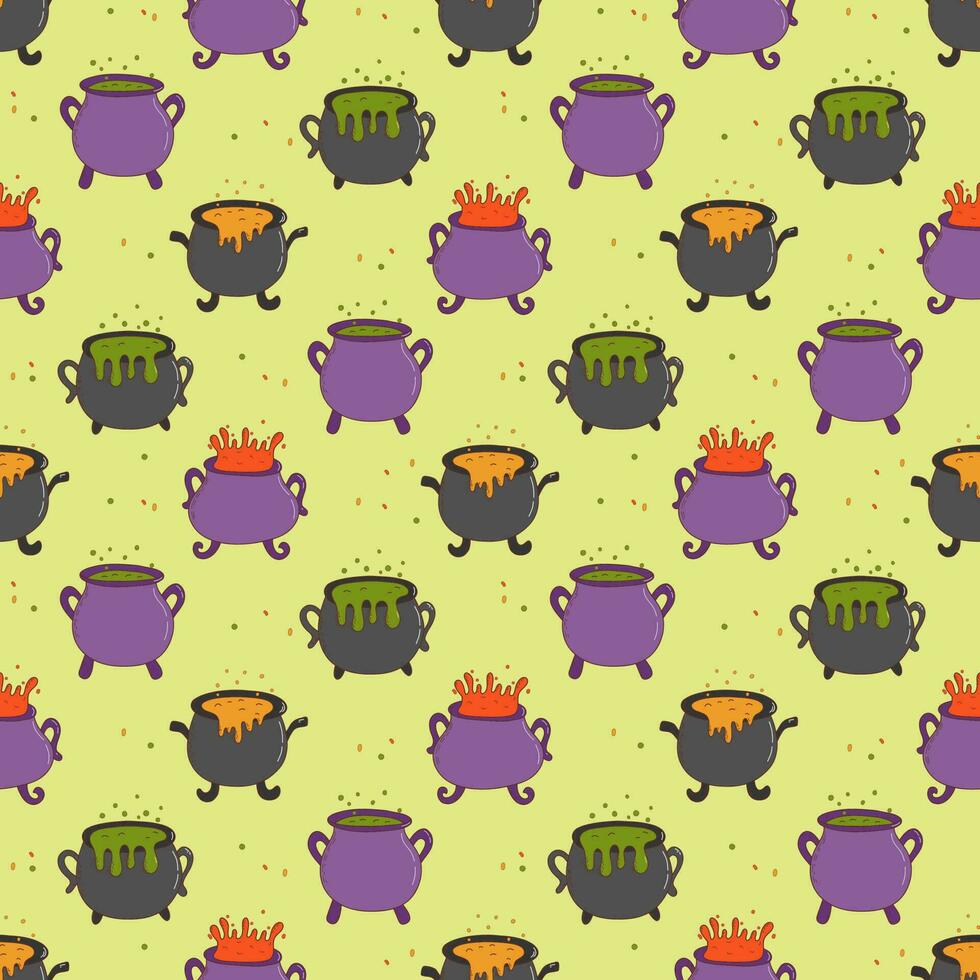 Halloween witches cauldron with poison potion seamless pattern. Trick or treat concept. Flat vector illustration in hand drawn style