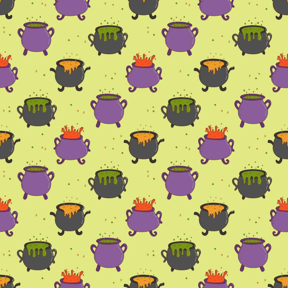 Halloween witches cauldron with poison potion seamless pattern. Trick or treat concept. Flat vector illustration in hand drawn style