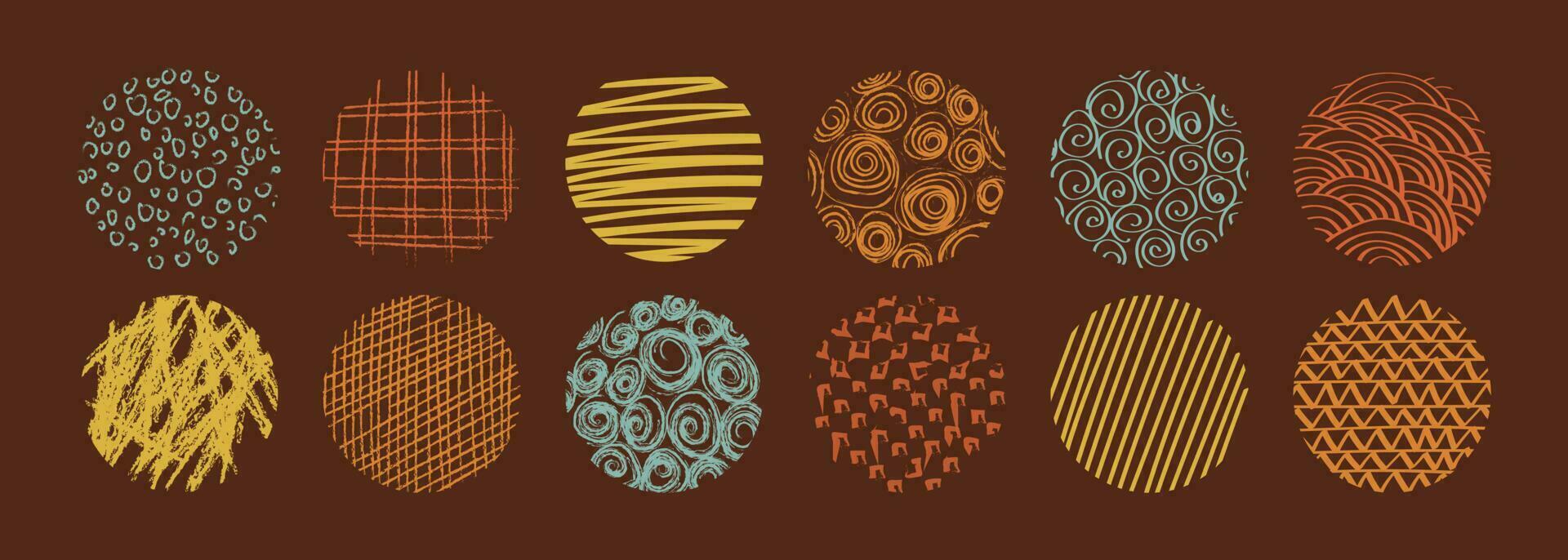 Colorful abstract circle shapes with loop, drops, spots, curves, lines and waves in trendy retro style. Hand drawn doodle elements. Vector illustration with wavy and spiral elements