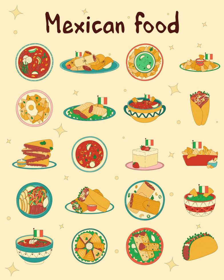 Set of Mexican traditional food. Vector illustration in hand drawn style