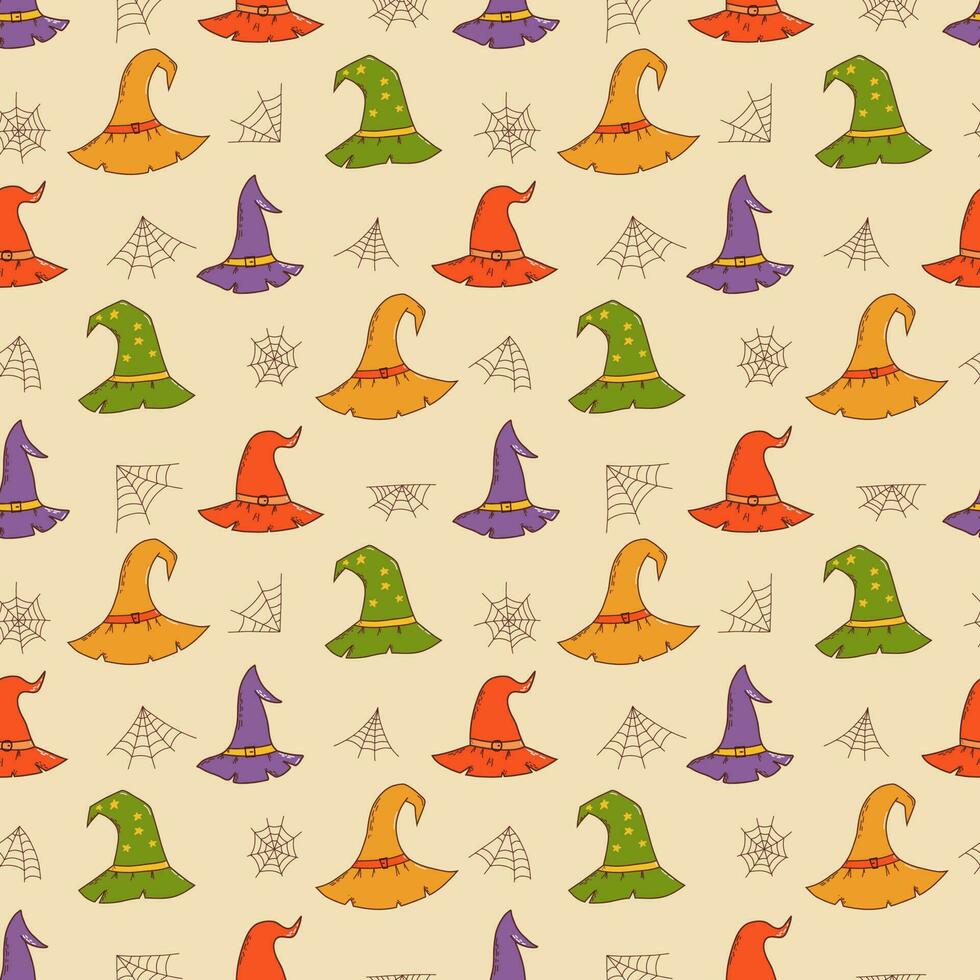 Witch hat seamless pattern. Halloween element. Trick or treat concept. Vector illustration in hand drawn style