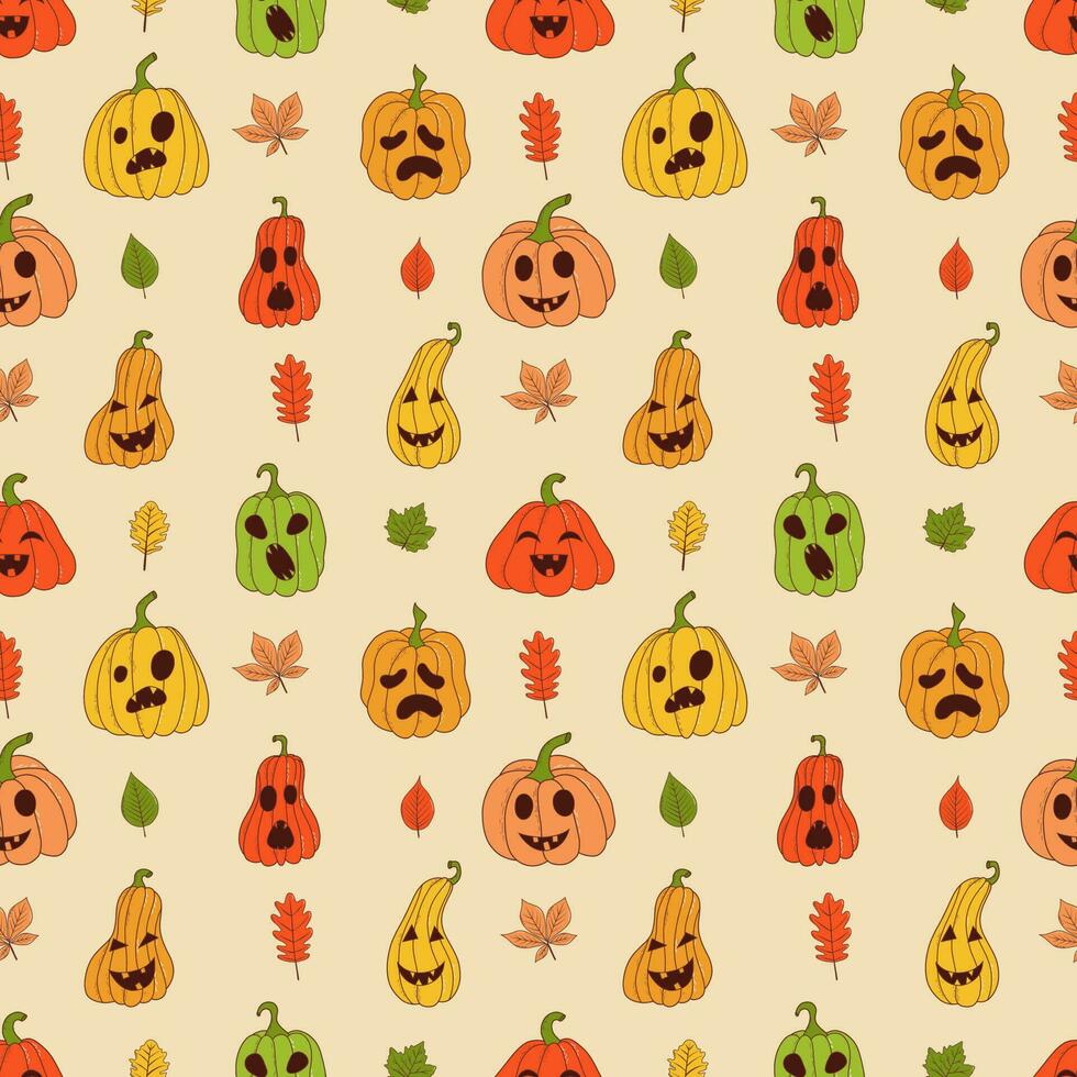 Cute pumpkin seamless pattern. Vector illustration in hand drawn style