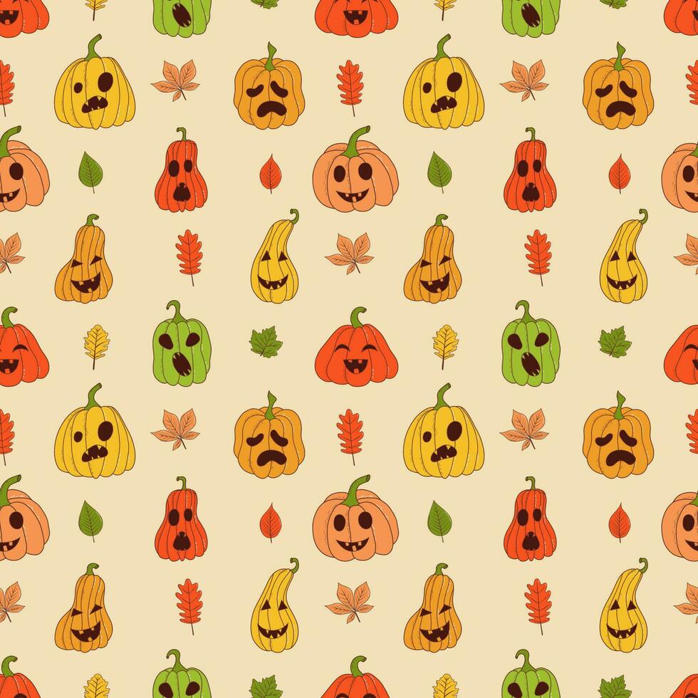 Cute pumpkin seamless pattern. Vector illustration in hand drawn style