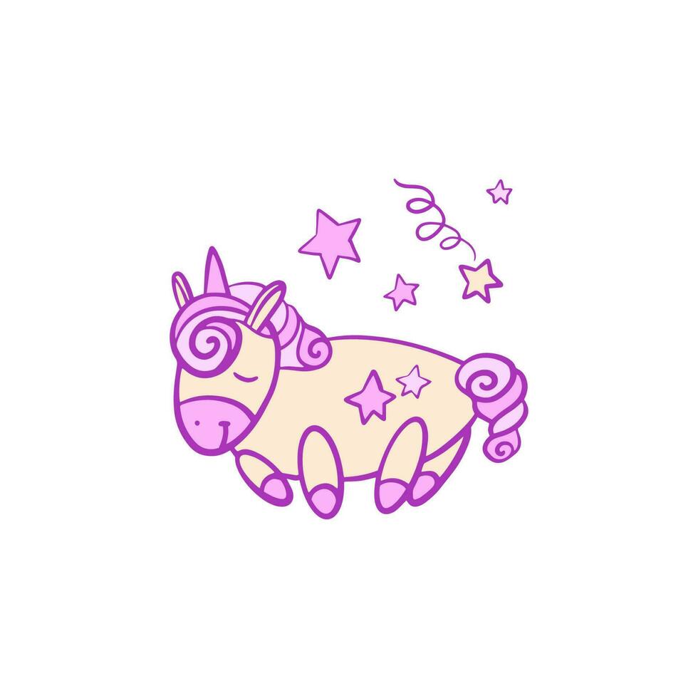 Unicorn vector. Horse sleep. Colored book. Sticker, icon isolated. Cute magic cartoon fantasy animal. Dream symbol. Design for children, baby room interior, scandinavian style vector