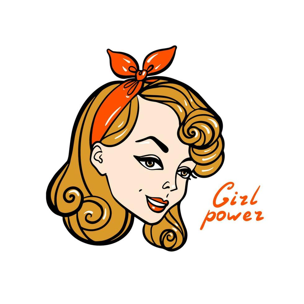 Cute pinup girl with text girl power isolated on white background illustration vector. vector