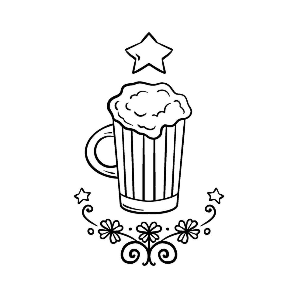 Glass of beer. Vector mug of beer. Foam beer. Oktoberfest. St. Patrick s Day. Vector clover. Symbol of Ireland. Trefoil. St. Patricks s Day. Hand drawn plant. Leaf of clover.