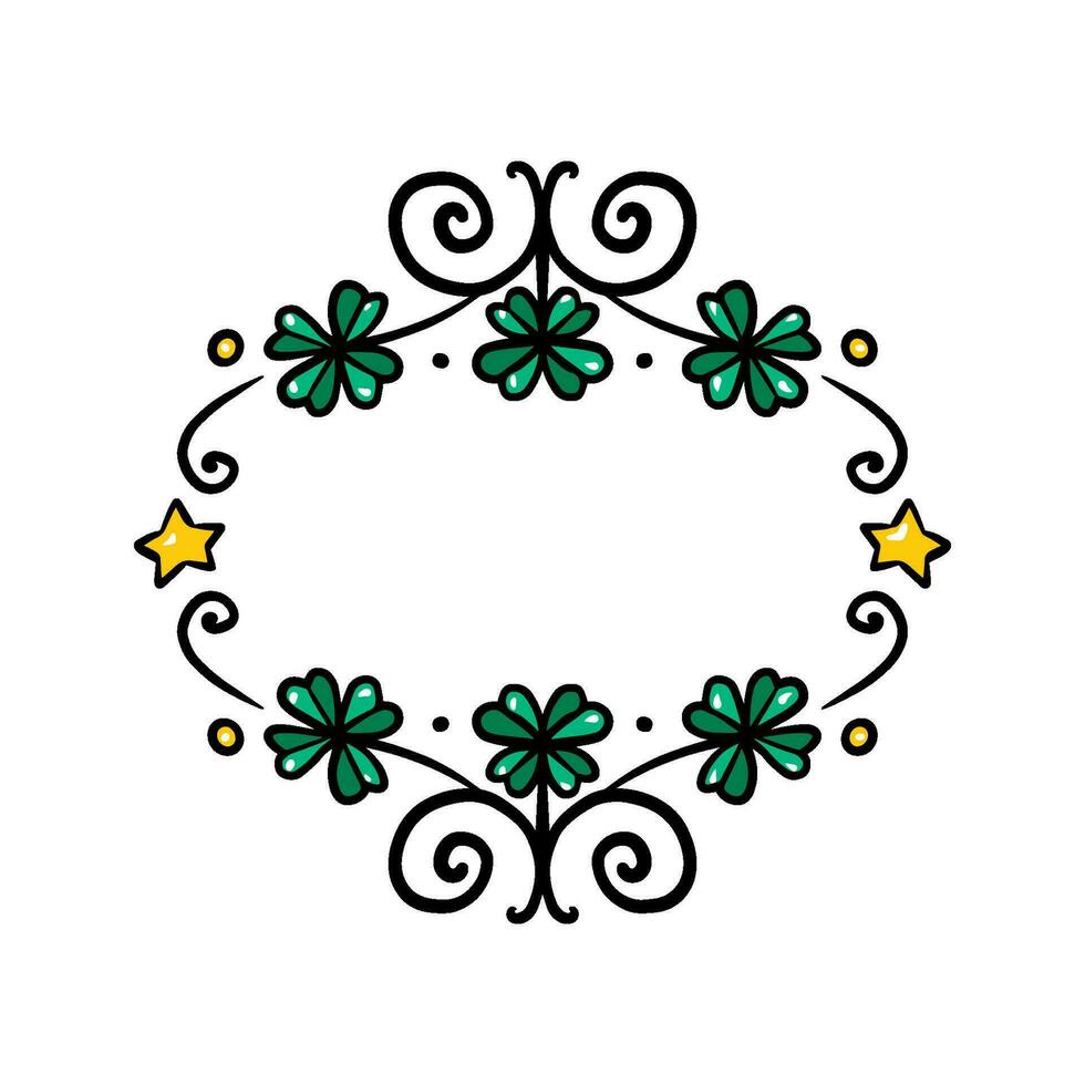 Clover garland on white background. St Patrick day greeting card with shamrock wreath. Irish. Vector flat illustration. Good for text and cards.