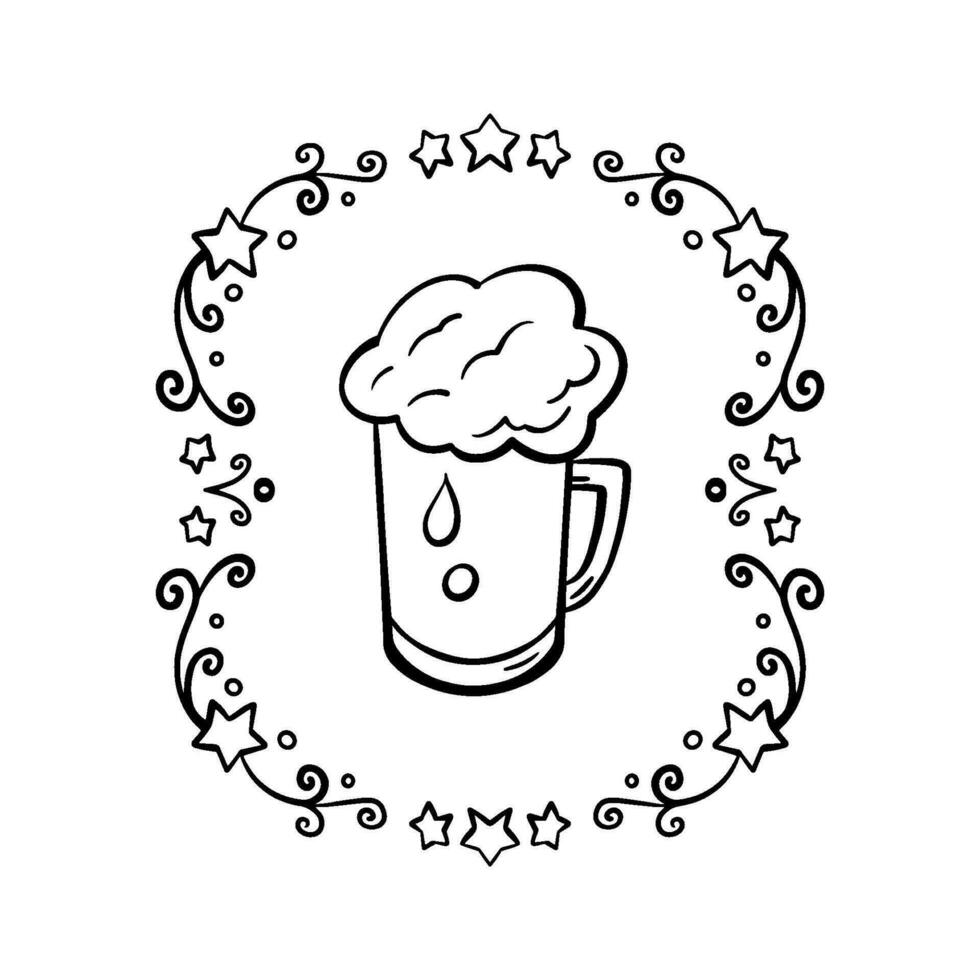 Glass of beer. Vector mug of beer. Foam beer. Oktoberfest. St. Patrick s Day. Vector clover. Symbol of Ireland. Trefoil. St. Patricks s Day. Hand drawn plant. Leaf of clover.