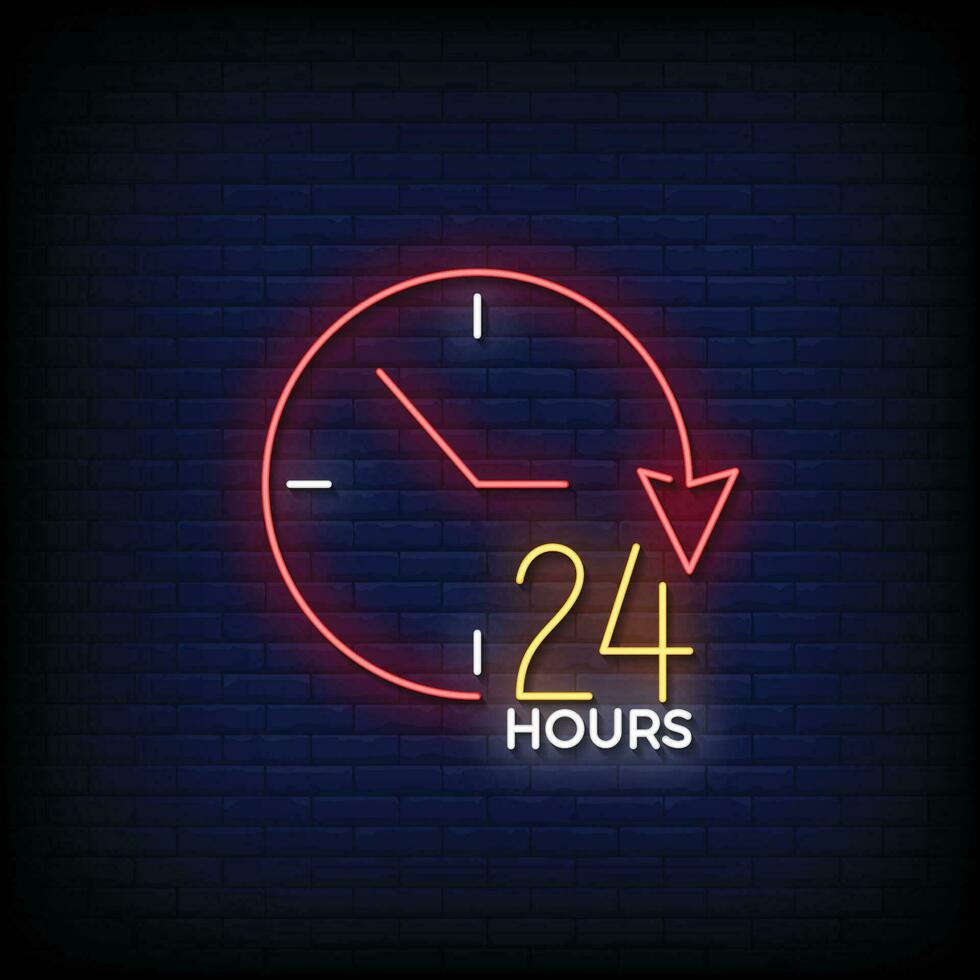 Neon Sign 24 hours with brick wall background vector