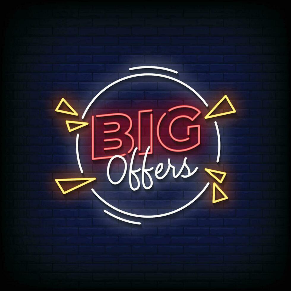 Neon Sign big offers with brick wall background vector