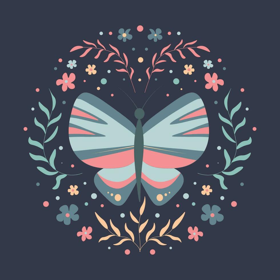 Butterfly with flowers and leaves in a circle. Spring floral circle design with flowers and butterfly vector