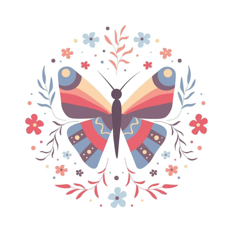 Butterfly with flowers and leaves in a circle on a white background. Spring floral circle design with flowers and butterfly vector