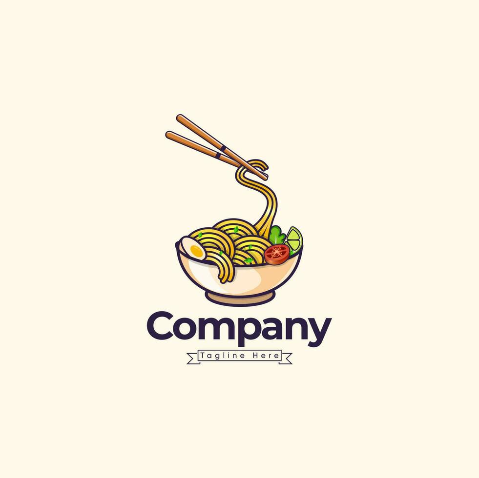 Noodle Pho Food Logo Templete Design, Pho Icon Design Template Elements With Spoon And Chopstick Vector Color Emblem.  Noodle Plate With Spoon, And Fried Eggs In The White Background.