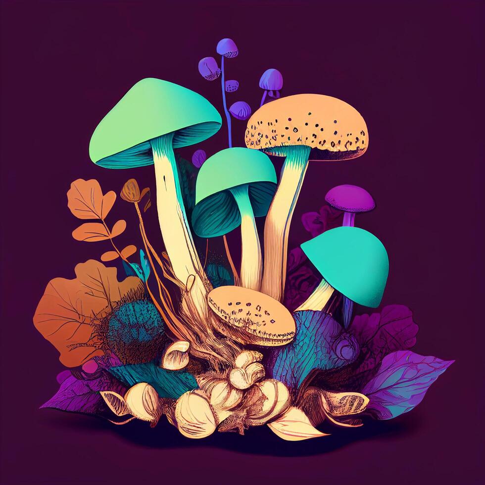 un dibujo de vistoso hongos en marrón púrpura ai generado foto
