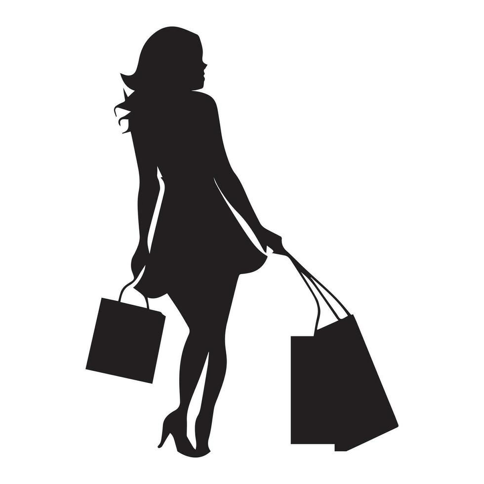 A Happy Shopping Girl With a Lot of Shopping bag vector silhouette ...