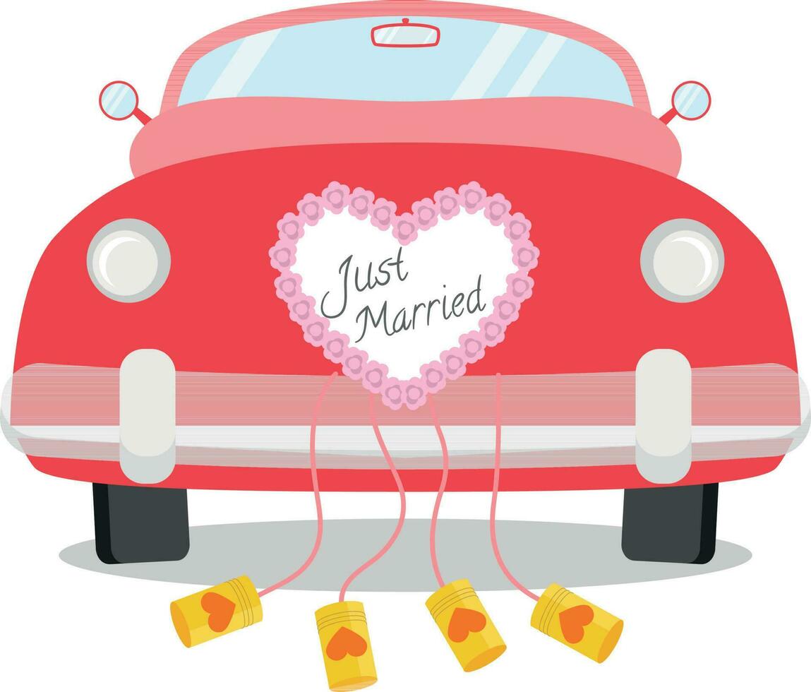 Red wedding car seen from behind with heart decoration and Just Married written on it. Wedding icon concept Vector illustration