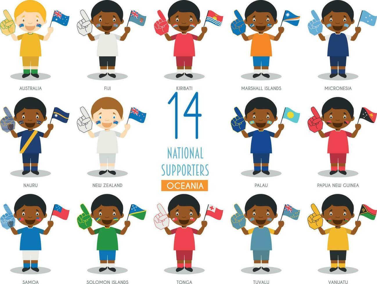conjunto de 14 nacional deporte equipo aficionados desde oceánico países vector ilustración