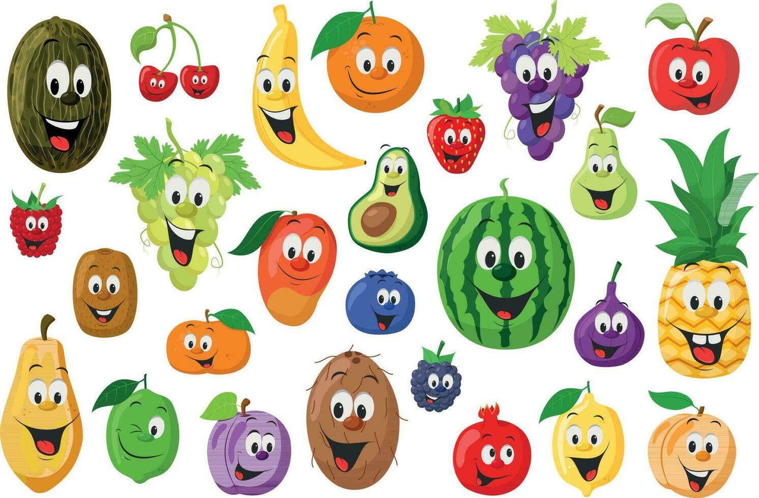 frutas caracteres recopilación. conjunto de 26 diferente frutas en dibujos animados estilo vector ilustración