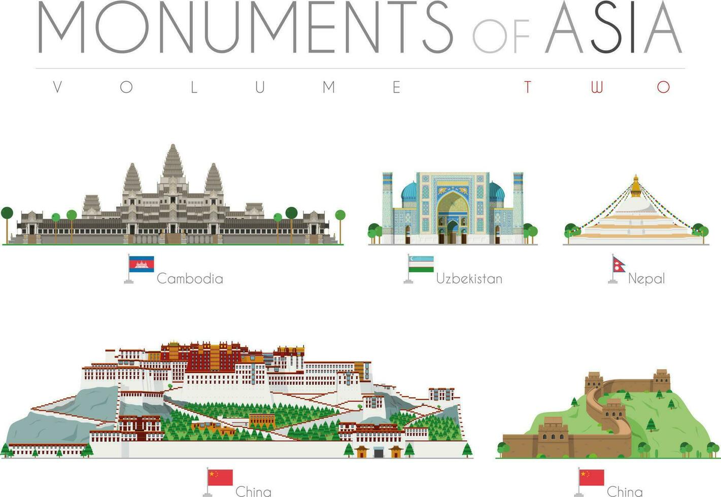 monumentos de Asia en dibujos animados estilo volumen 2. angkor murciélago - Camboya, ragastan Samrakand - uzbekistán, boudhanath estupa - Nepal, Potala palacio y genial pared - porcelana. vector ilustración