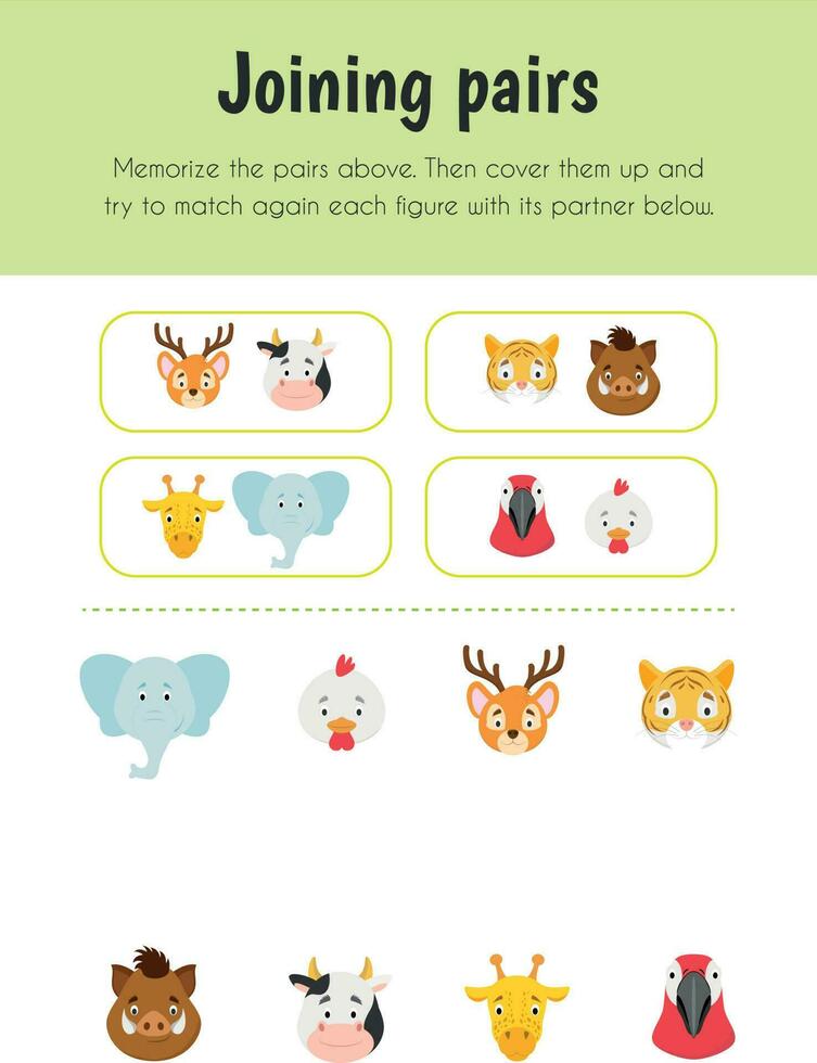 Joining pairs Educational Sheet. Primary module for Memory. 5-6 years old. Educational Sheets Series vector