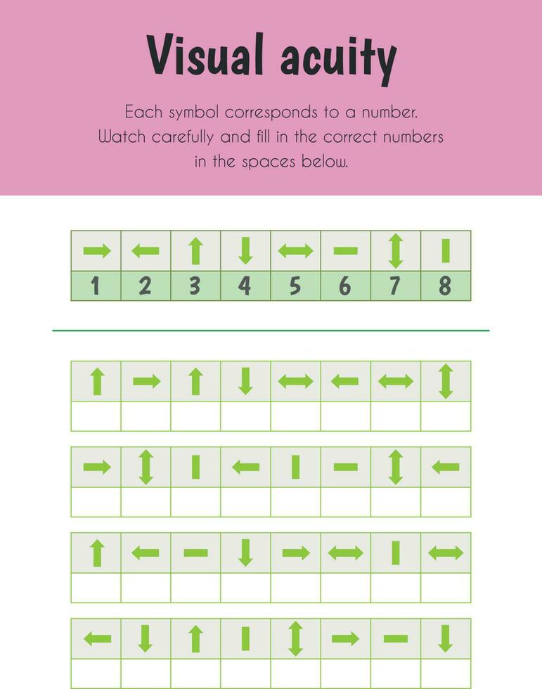Visual acuity Educational Sheet. Primary module for Attention and Perception. 5-6 years old. Educational Sheets Series vector