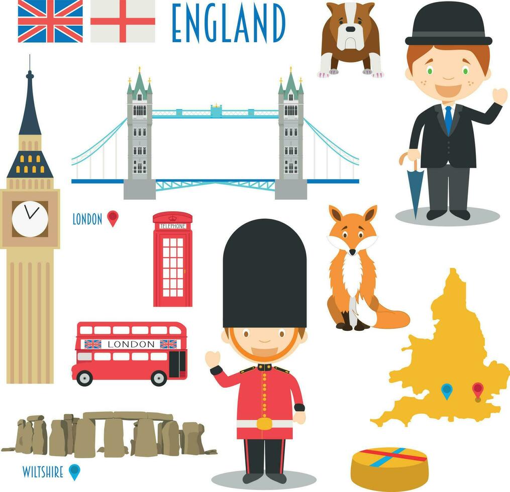 Inglaterra plano icono conjunto viaje y turismo concepto. vector ilustración