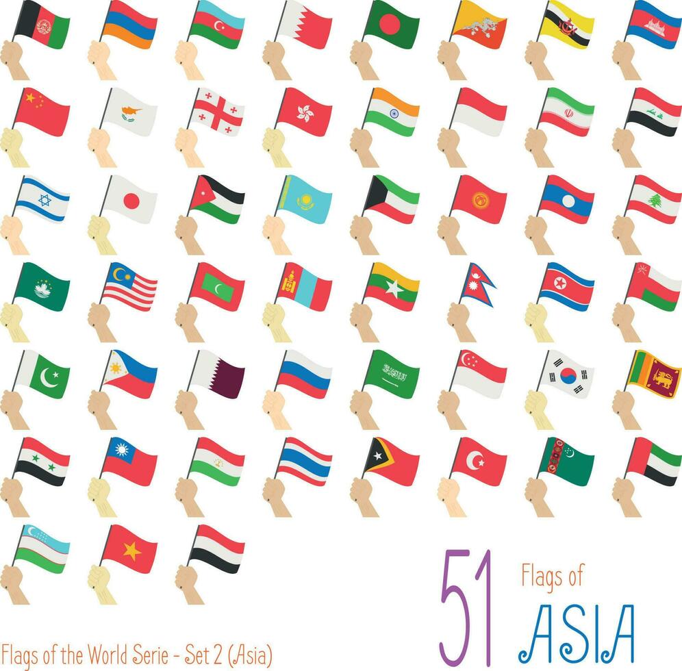 Set of 51 flags of Asia. Hand raising the national flags of 51 countries of Asia. Icon set Vector Illustration.