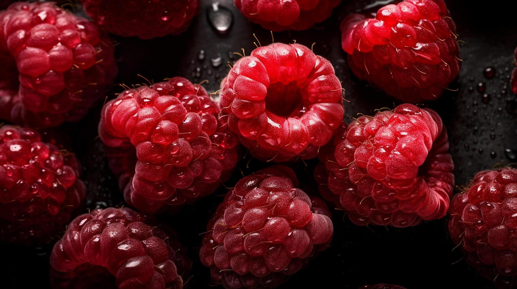 Fresh Raspberries background adorned with glistening photo