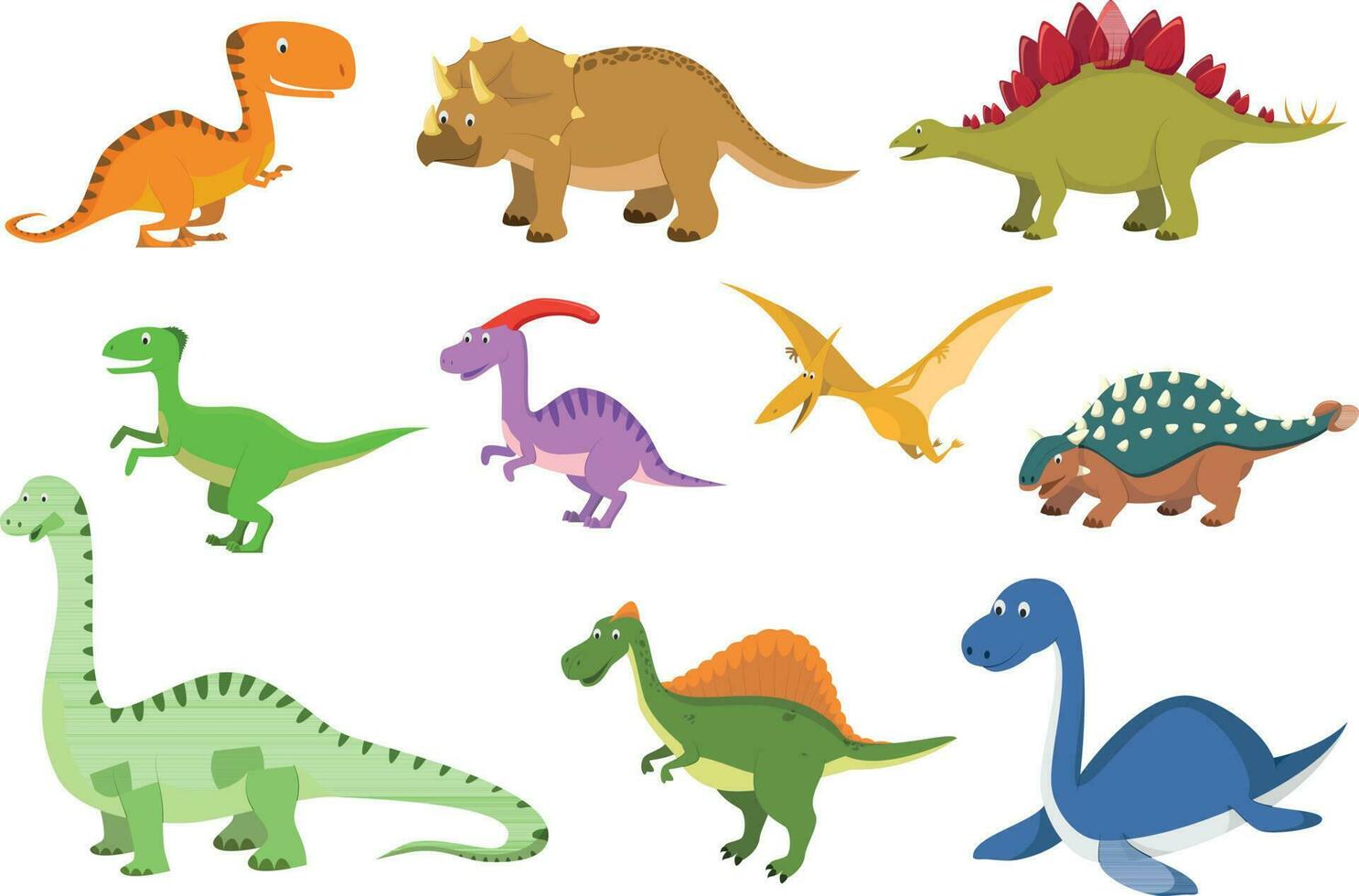 Set of 10 cute dinosaurs in cartoon style vector illustration