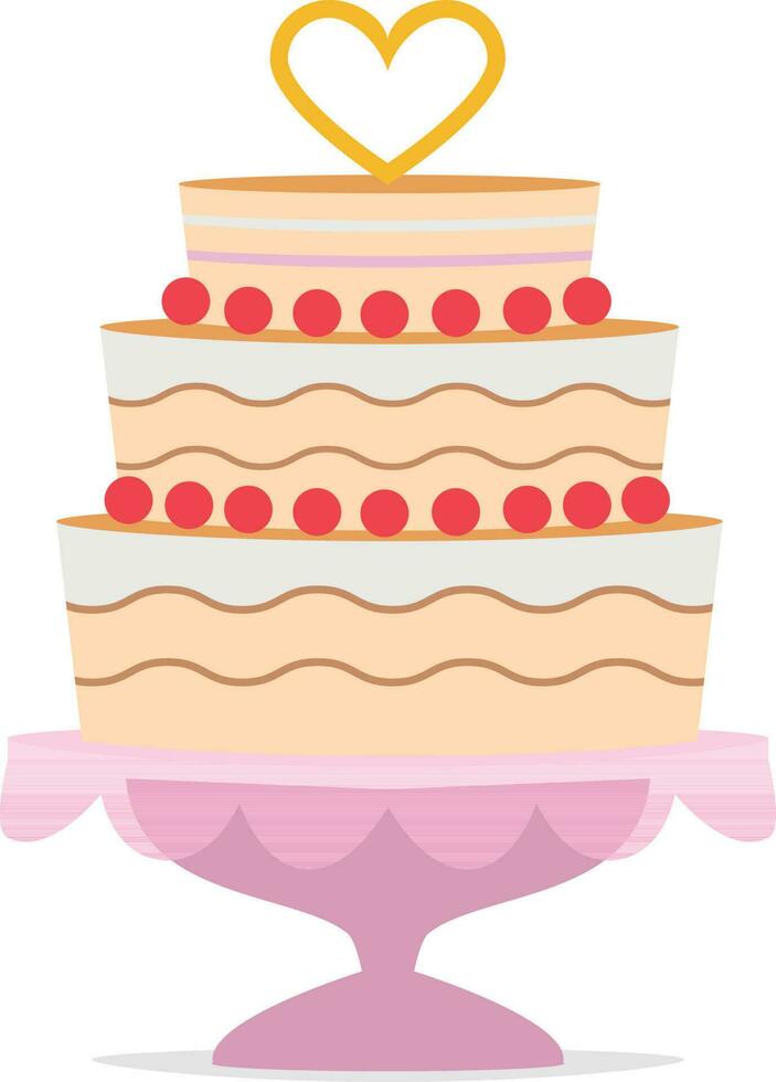 Wedding cake with a heart shape on top and a pink tray. Wedding icon concept Vector illustration