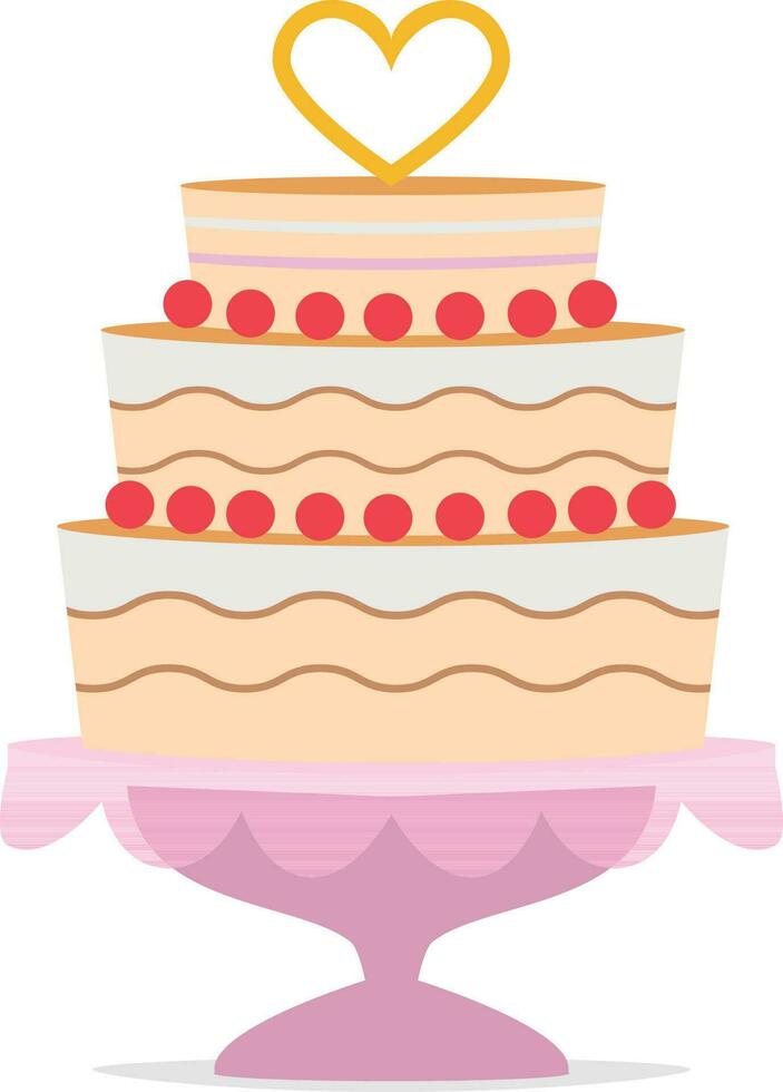 Wedding cake with a heart shape on top and a pink tray. Wedding icon concept Vector illustration