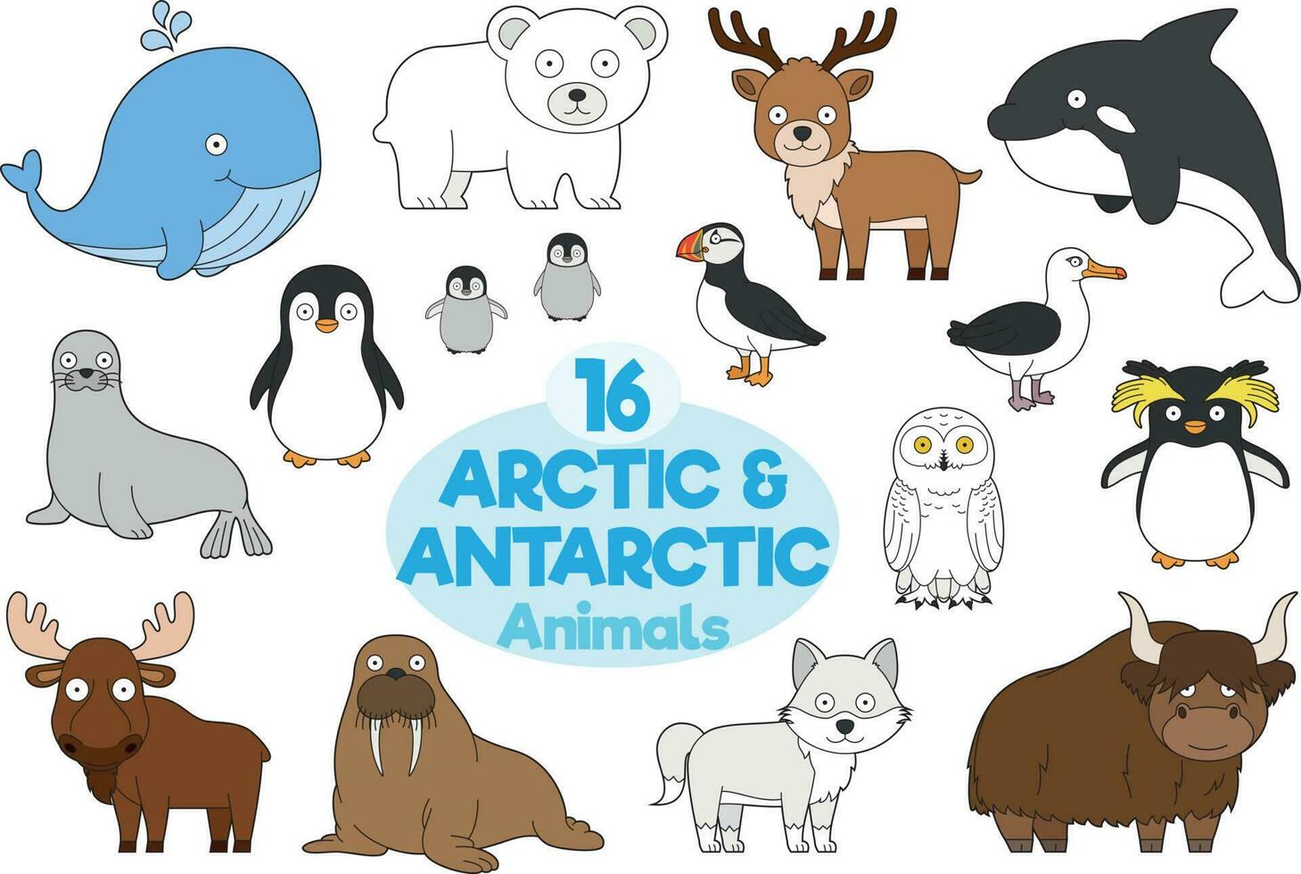 Set of 16 arctic and antarctic animals in cartoon style Vector Illustration