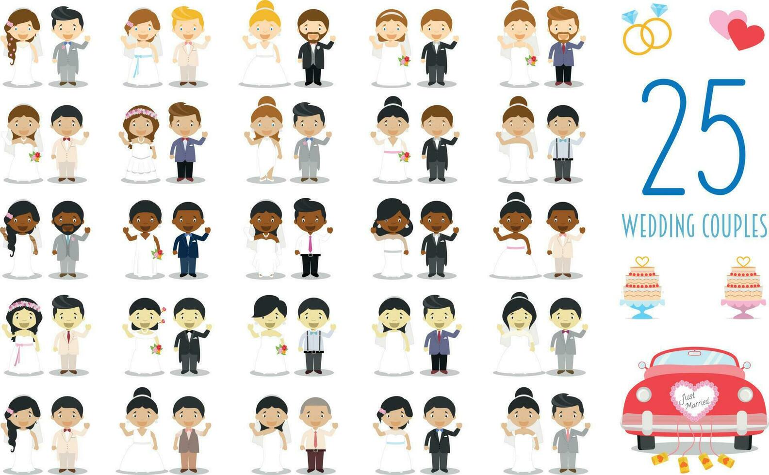 Set of 25 wedding couples and nuptial icons in cartoon style vector