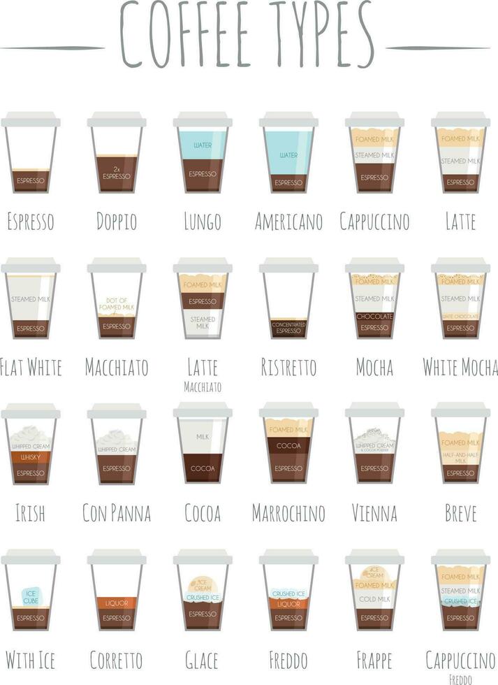 Set of 24 Coffee Types and their preparation in cartoon style Vector Illustration