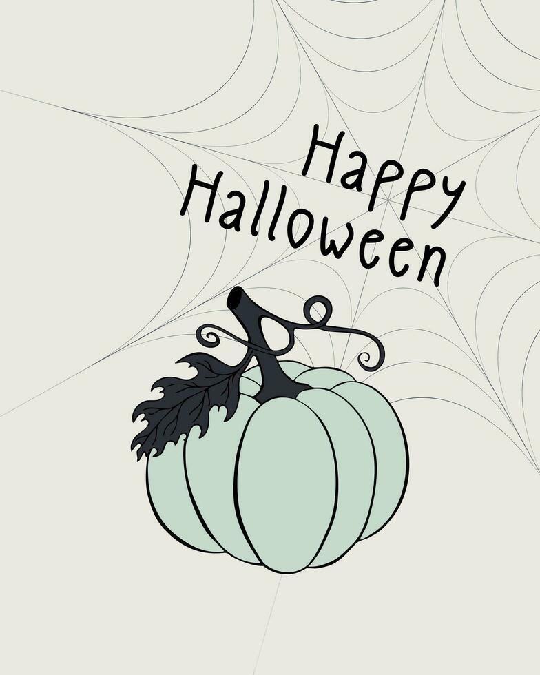 Happy Halloween card with green pumpkin and spider web. vector