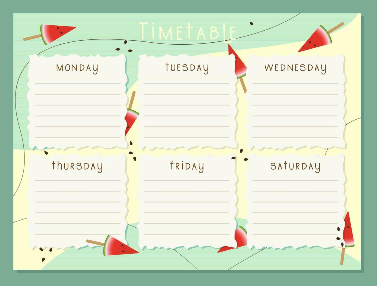 Back to school Timetable with slice watermelon. Classroom timetable boho style. Plan note education. Planner, table class, template. vector